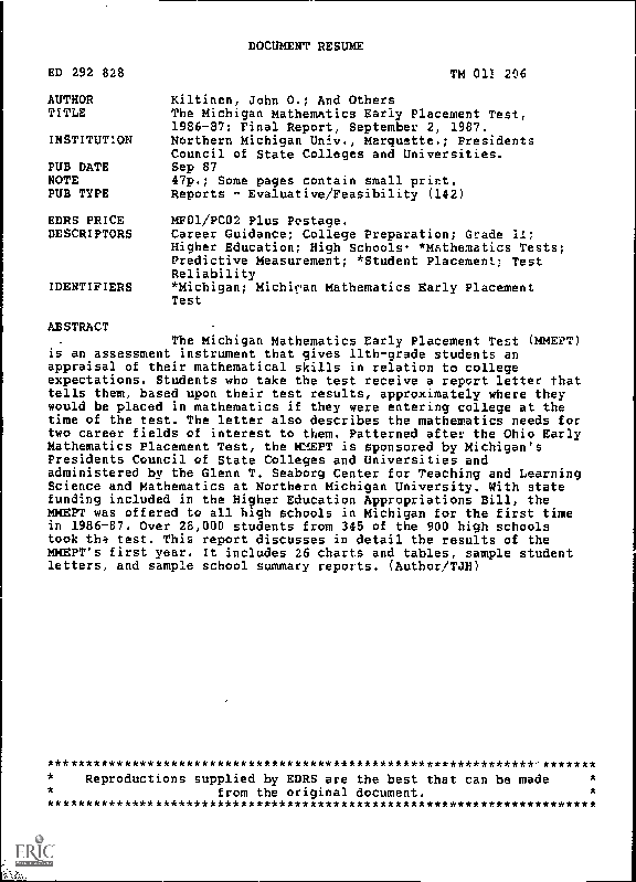  pdf the michigan mathematics early placement test 1986 87 final report september 2 1987