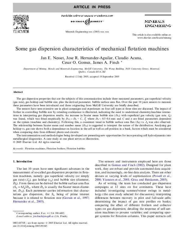 (PDF) Some gas dispersion characteristics of mechanical flotation
