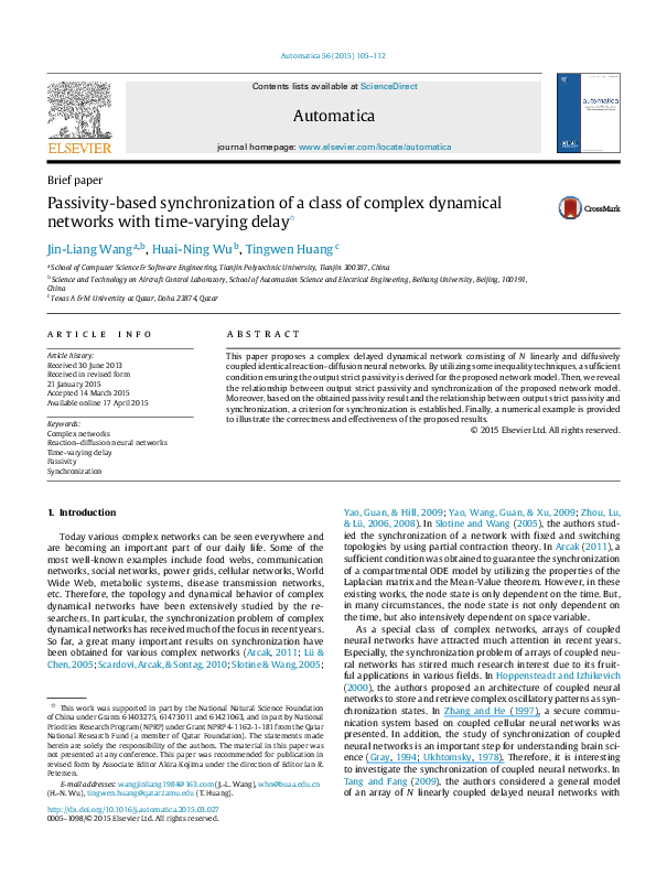 (PDF) Passivity-based synchronization of a class of complex dynamical ...