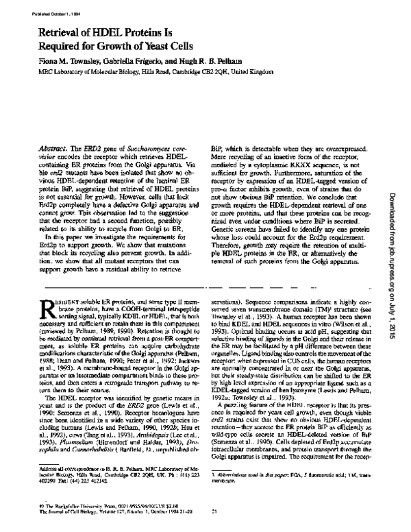 (PDF) Retrieval of HDEL proteins is required for growth of yeast cells