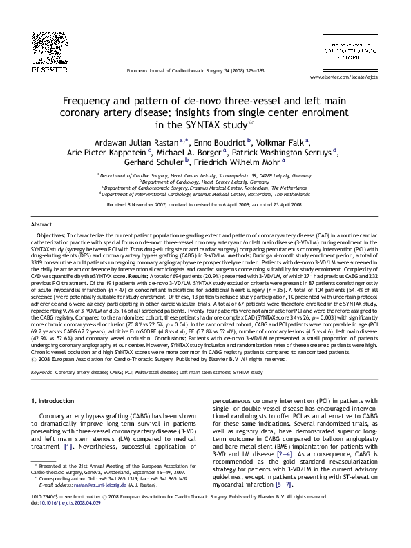 (PDF) Frequency and pattern of de-novo three-vessel and left main ...