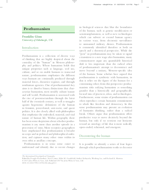 (PDF) Posthumanism (The International Encyclopedia of Geography) Franklin Ginn Academia.edu