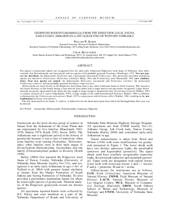(PDF) GEOMYOID RODENTS (MAMMALIA) FROM THE RIDGEVIEW LOCAL FAUNA, EARLY ...