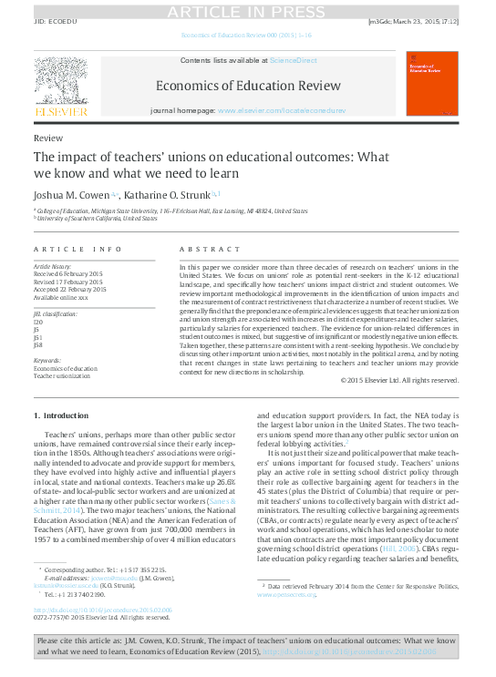 (PDF) The impact of teachers' unions on educational outcomes: What we ...
