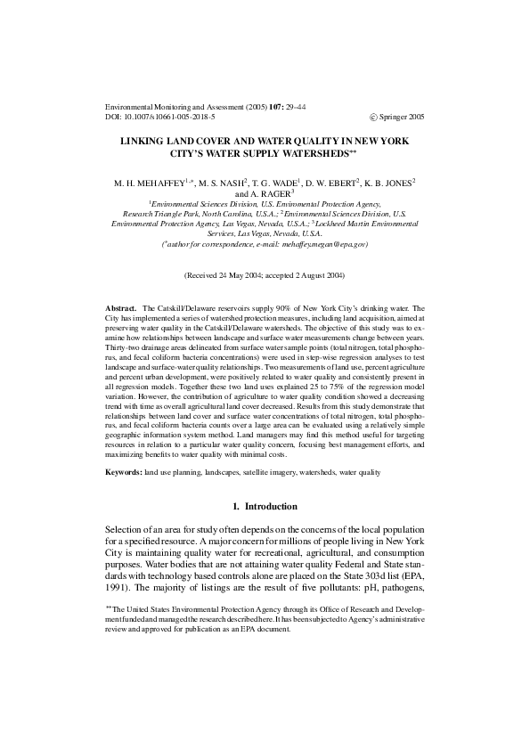 (PDF) Linking Land Cover and Water Quality in New York City’S Water Supply Watersheds Donald