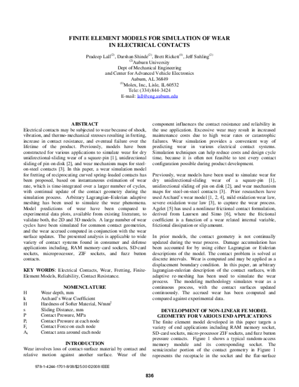(PDF) Finite element models for simulation of wear in electrical contacts