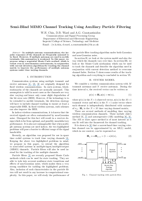 (PDF) Semi-blind MIMO channel tracking using auxiliary particle filtering