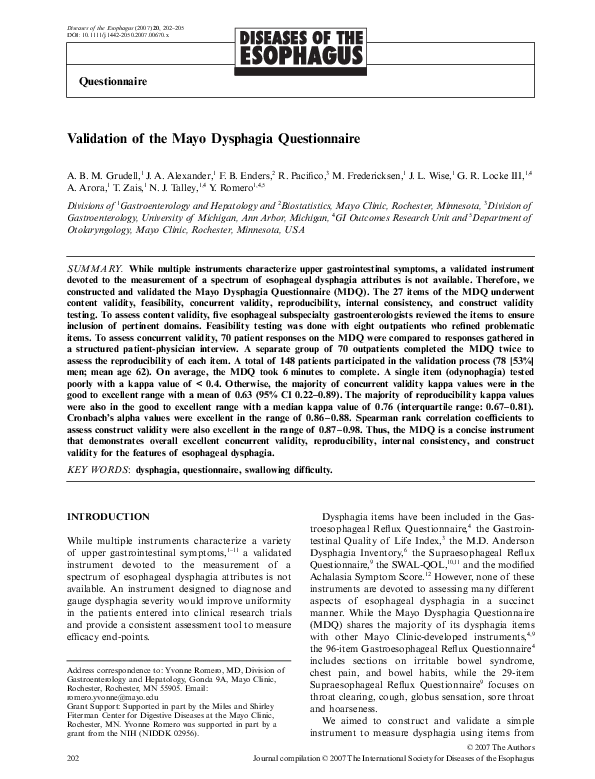 (PDF) Validation of the Mayo Dysphagia Questionnaire Mary