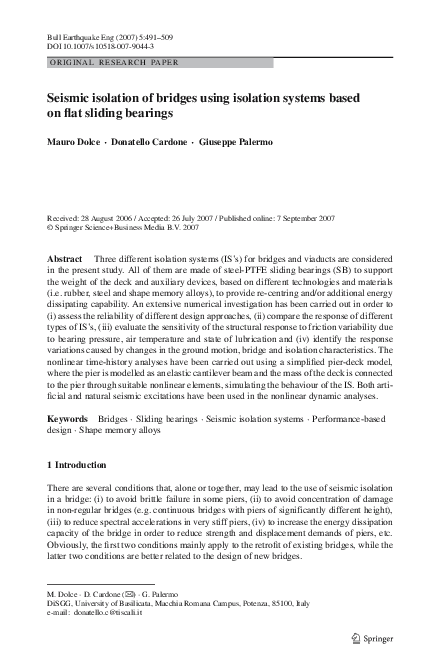 (PDF) Seismic isolation of bridges using isolation systems based on ...