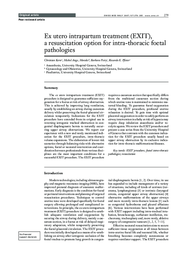 (PDF) Anesthesia for EXIT procedure (ex utero intrapartum treatment) in ...