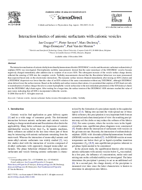 (PDF) Interaction kinetics of anionic surfactants with cationic vesicles