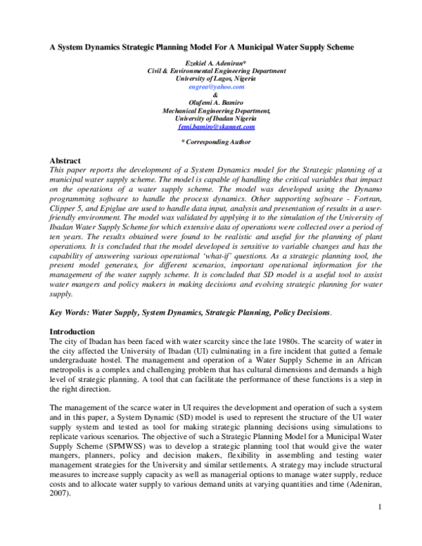 (PDF) A System Dynamics Strategic Planning Model for a Municipal Water ...
