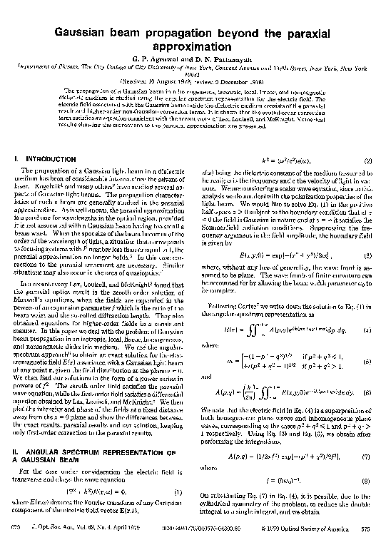 (PDF) Gaussian beam propagation beyond the paraxial approximation