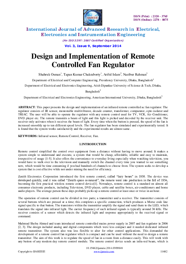 (PDF) Design and Implementation of Remote Controlled Fan Regulator
