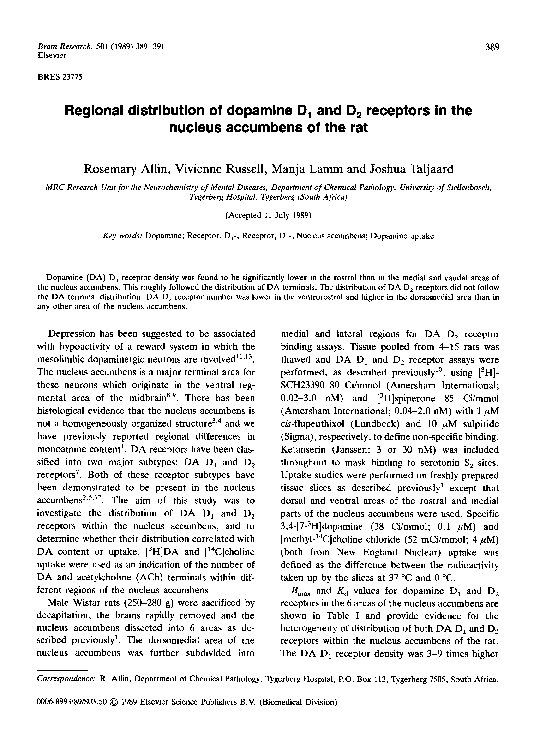 (PDF) Regional distribution of dopamine D1 and D2 receptors in the ...