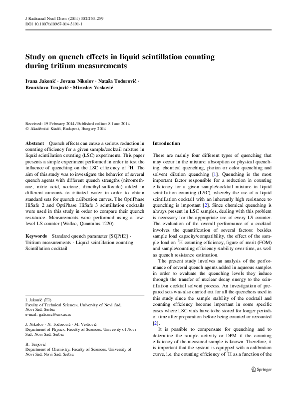 (PDF) Study on quench effects in liquid scintillation counting during