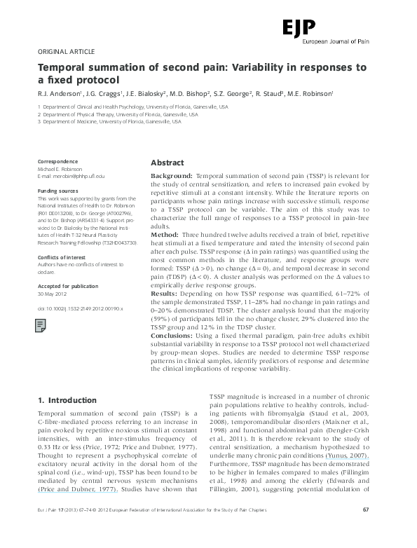 (PDF) Temporal summation of second pain: Variability in responses to a ...