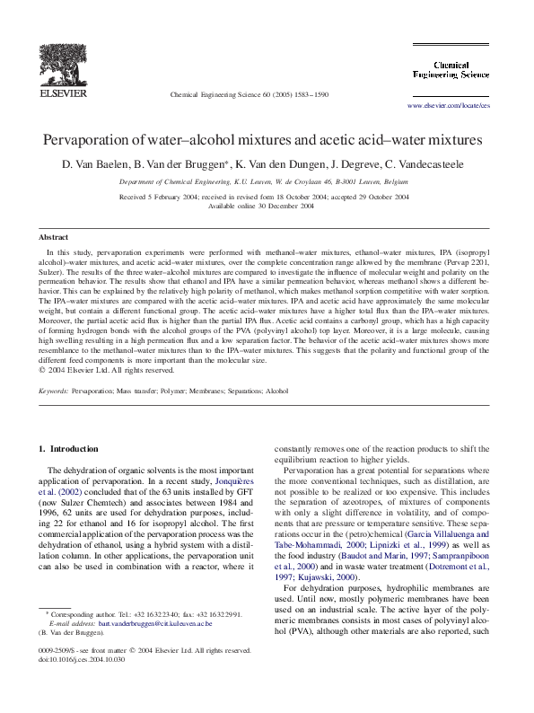 (PDF) Pervaporation of wateralcohol mixtures and acetic acidwater