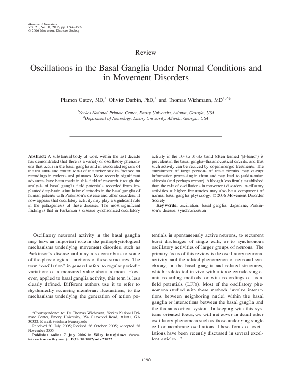 (PDF) Oscillations in the basal ganglia under normal conditions and in