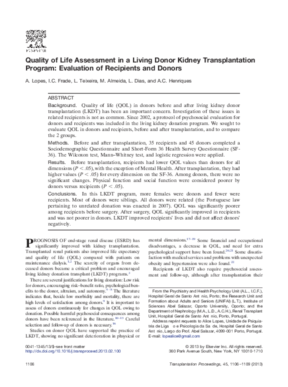 (PDF) Quality of Life Assessment in a Living Donor Kidney ...