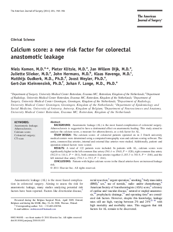 (PDF) Calcium score: A new risk factor for colorectal anastomotic leakage