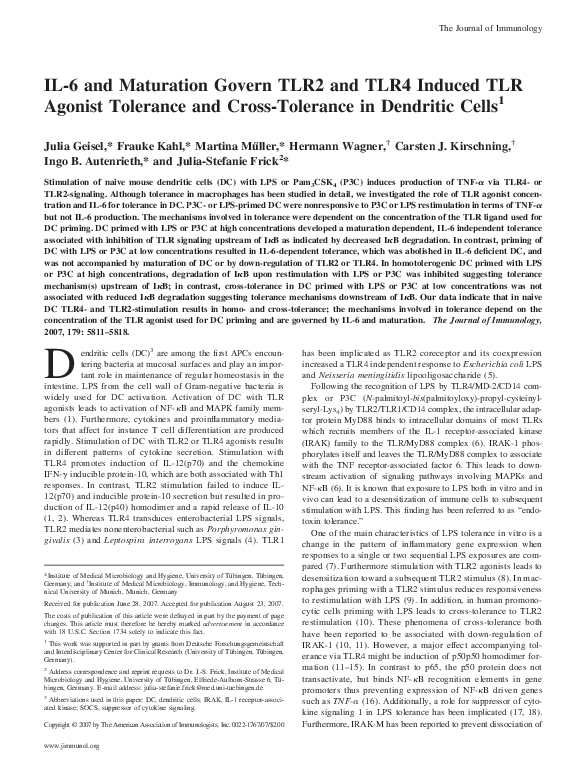 (PDF) IL-6 and Maturation Govern TLR2 and TLR4 Induced TLR Agonist ...