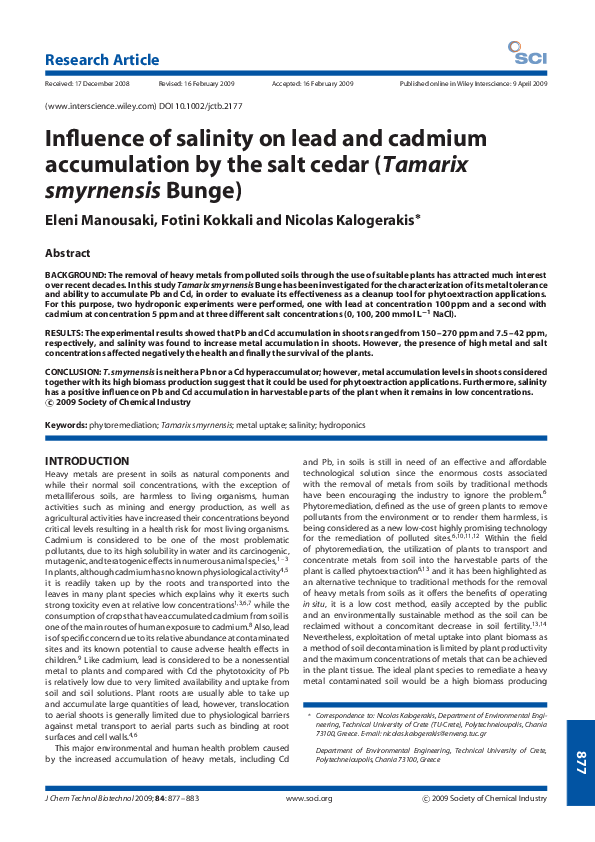 (PDF) Influence of salinity on lead and cadmium accumulation by the ...
