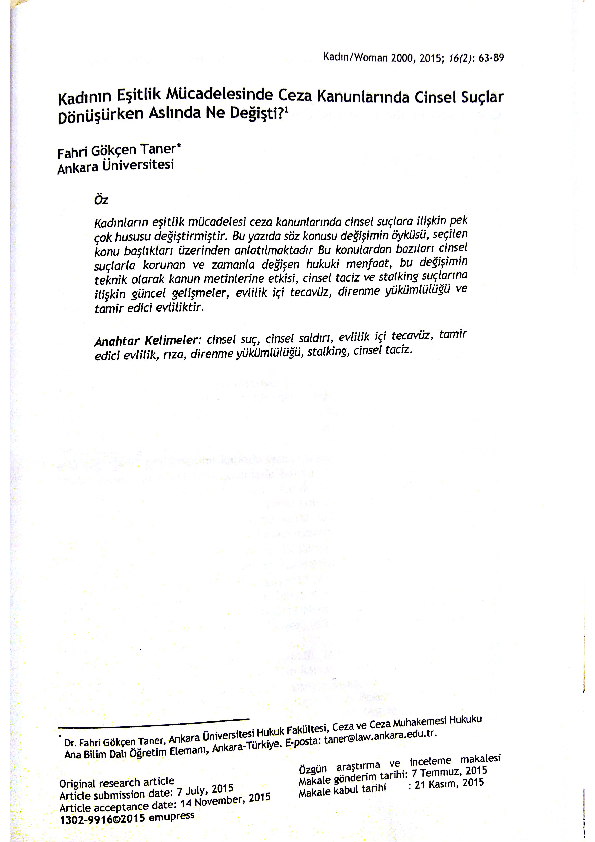 Pdf Kadinin Esitlik Mucadelesinde Ceza Kanunlarinda Cinsel Suclar Donusurken Aslinda Ne Degisti Fahri Gokcen Taner Academia Edu
