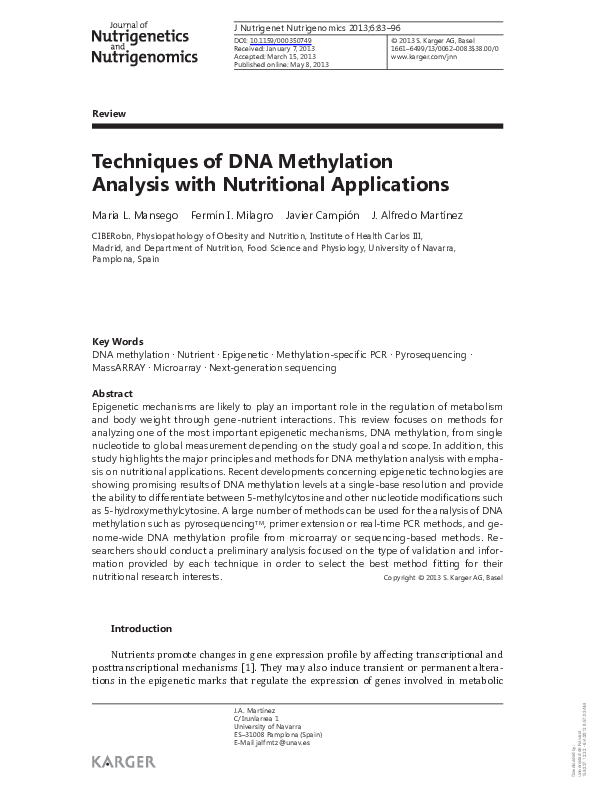 (PDF) Techniques of DNA Methylation Analysis with Nutritional Applications