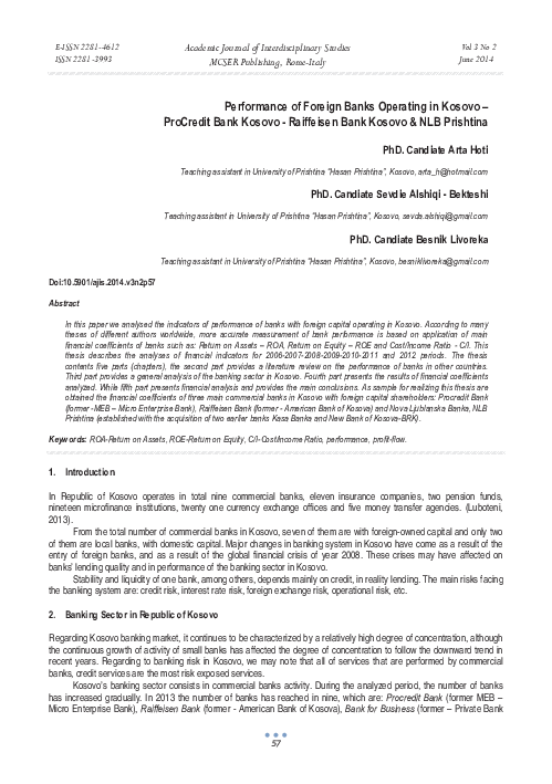 Pdf Performance Of Foreign Banks Operating In Kosovo Procredit