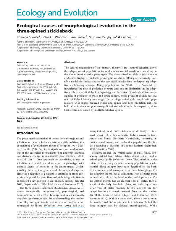 (PDF) Ecological causes of morphological evolution in the three-spined ...