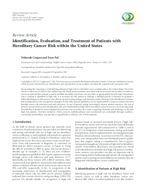(PDF) Hereditary Cancer Risk Assessment and Genetic Testing in the ...