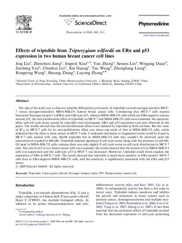 (PDF) Effects of triptolide from Tripterygium wilfordii on ERalpha and ...