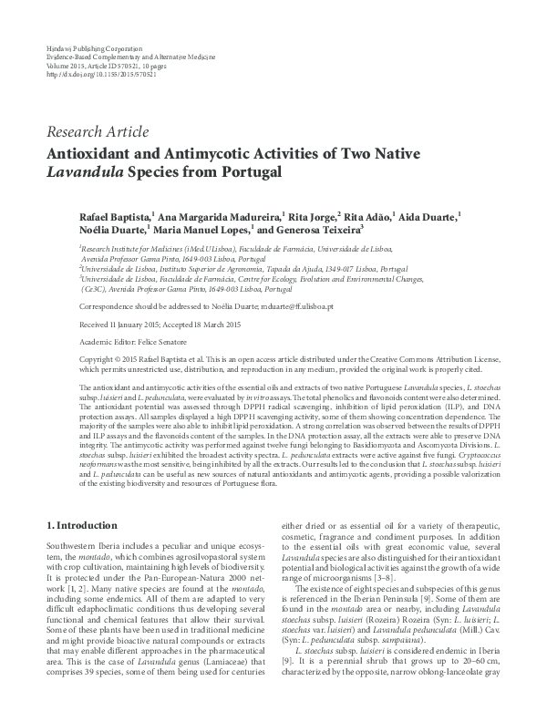 (PDF) Antioxidant and Antimycotic Activities of Two Native Lavandula ...