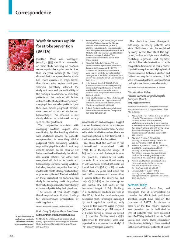 (PDF) Warfarin versus aspirin for stroke prevention (BAFTA) Sue M
