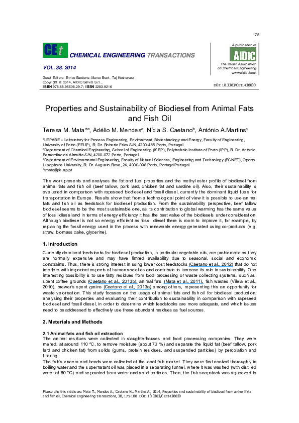 (PDF) Properties and sustainability of biodiesel from animal fats and ...