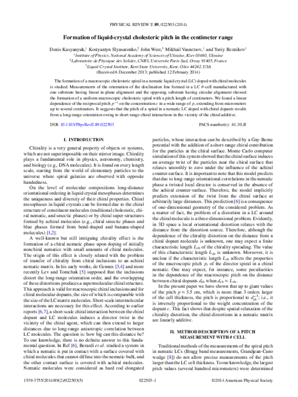 (PDF) Formation of liquid-crystal cholesteric pitch in the centimeter range