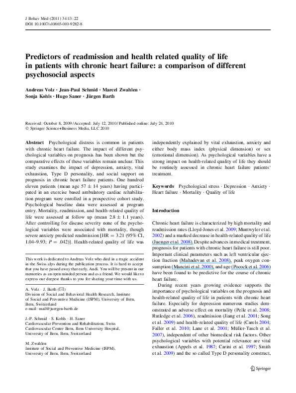 (PDF) Predictors of readmission and health related quality of life in ...