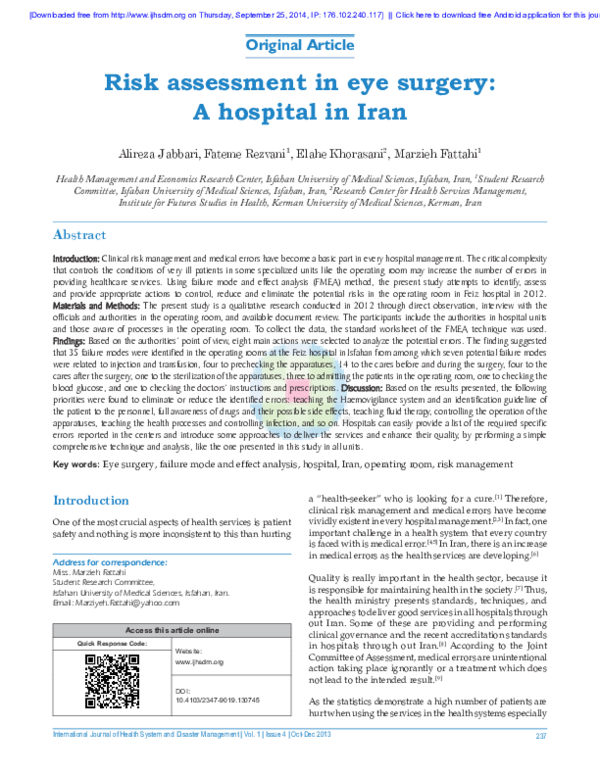 (PDF) Risk assessment in eye surgery: A hospital in Iran