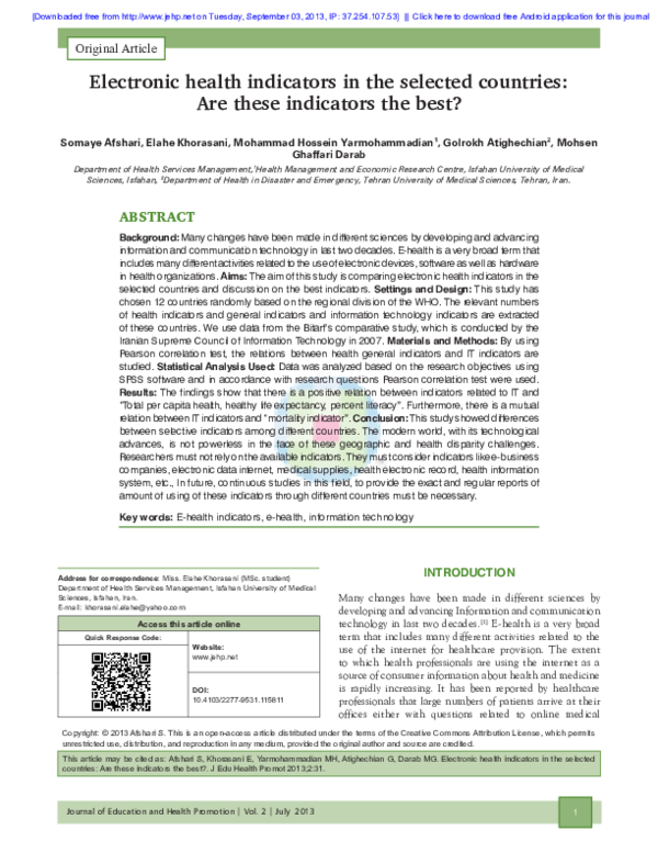 (PDF) Electronic health indicators in the selected countries Are these