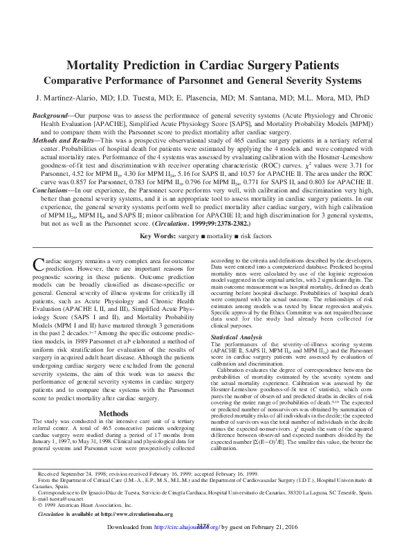 (PDF) Mortality Prediction in Cardiac Surgery Patients : Comparative ...