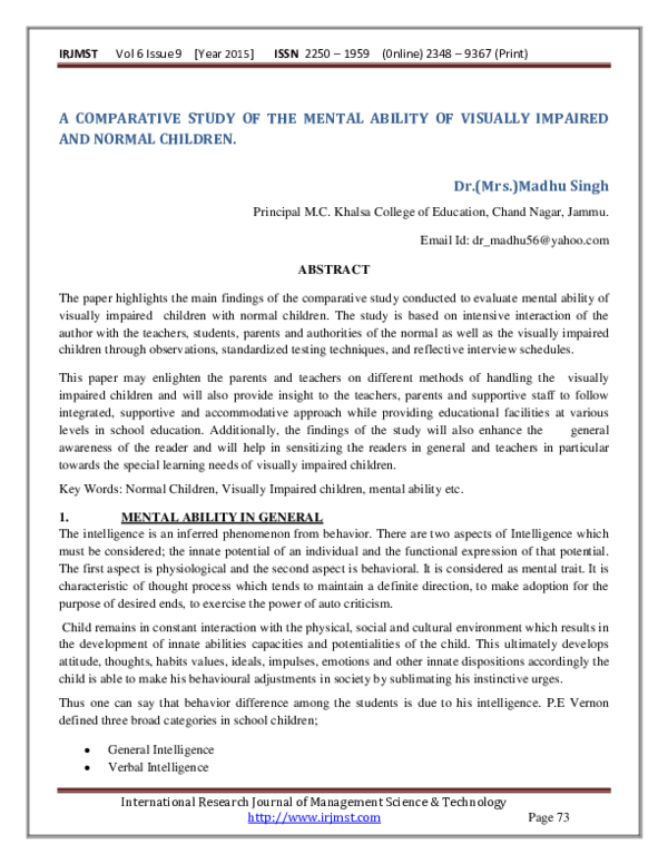 (PDF) A COMPARATIVE STUDY OF THE MENTAL ABILITY OF VISUALLY IMPAIRED ...