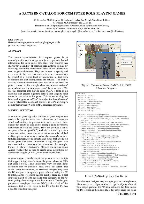 (PDF) A pattern catalog for computer role playing games