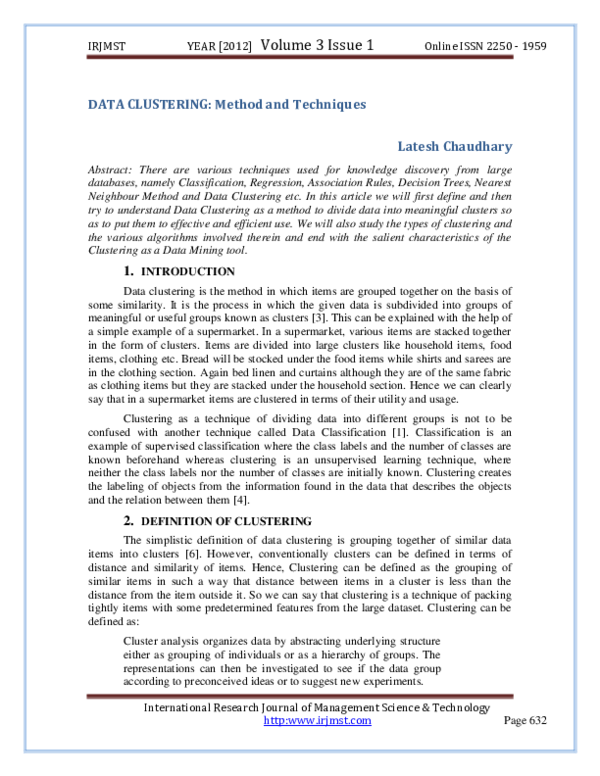 (PDF) DATA CLUSTERING: Method and Techniques