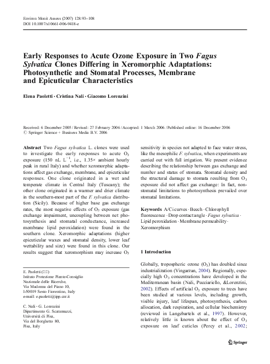 (PDF) Early Responses to Acute Ozone Exposure in Two Fagus Sylvatica ...