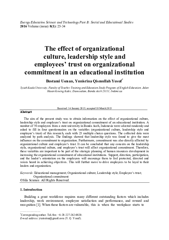 (PDF) The effect of organizational culture, leadership style and ...