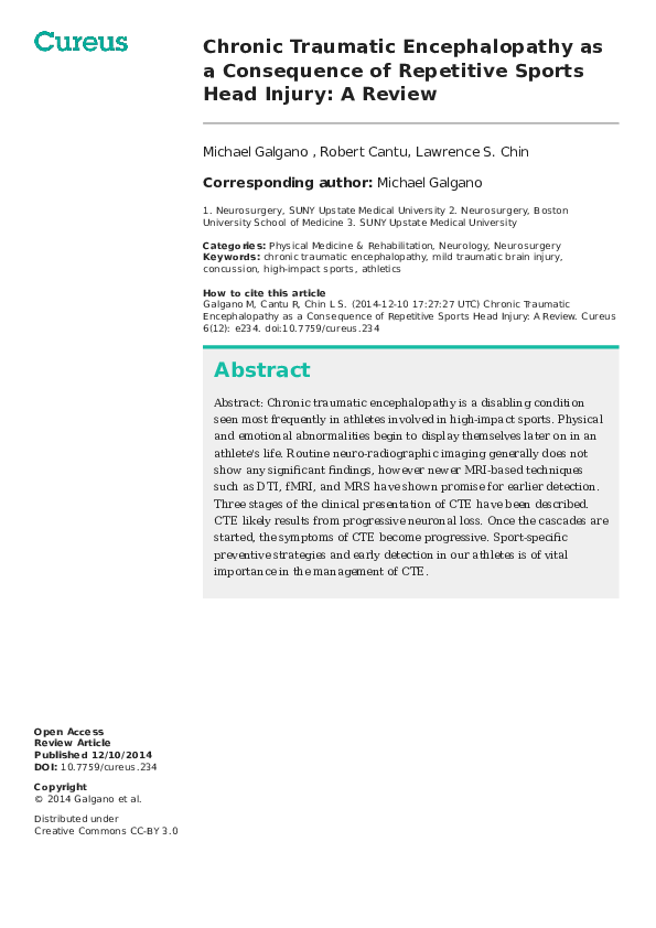 (PDF) Chronic Traumatic Encephalopathy as a Consequence of Repetitive ...