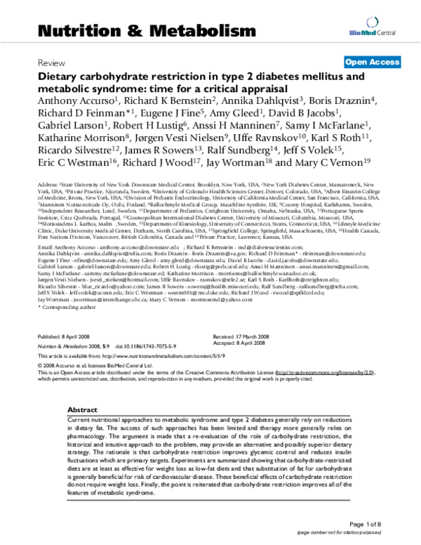 (PDF) Dietary carbohydrate restriction in type 2 diabetes mellitus and ...