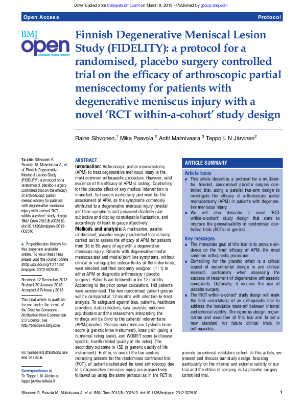 (PDF) Finnish Degenerative Meniscal Lesion Study (FIDELITY) A protocol