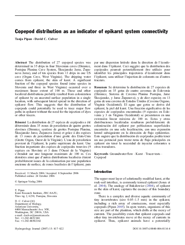 (PDF) Copepod distribution as an indicator of epikarst system connectivity